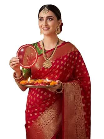 EthnicJunction Women's Red & Green Woven Design Zari Silk Blend Heavy ...