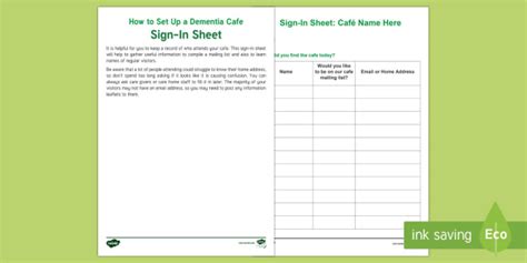 How to Set Up a Dementia Cafe: Sign-In Sheet Worksheet / Worksheet