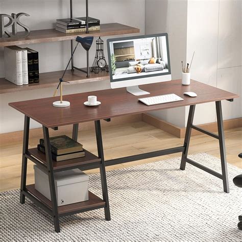 Buy DlandHome Computer Desk with Storage Shelf, Trestle Desk, Home ...