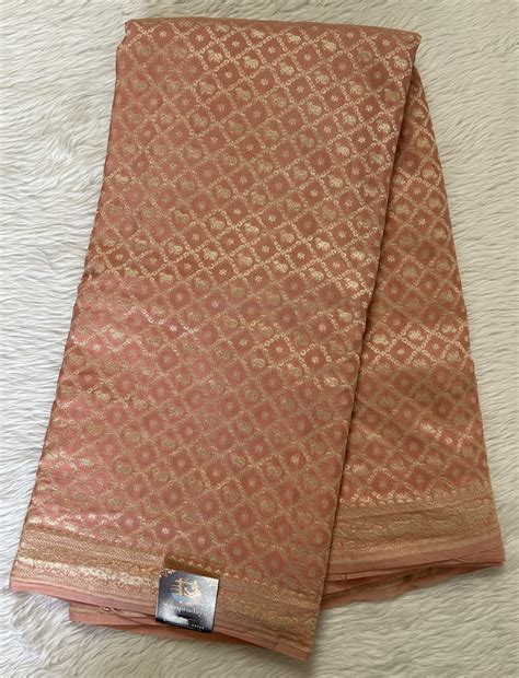 Pure Banarasi Crepe Silk Saree Peach Color | Light Gold Zari border ...