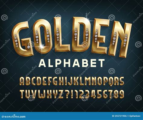 Golden Alphabet Font. Gold Metal Letters and Numbers Encrusted with ...