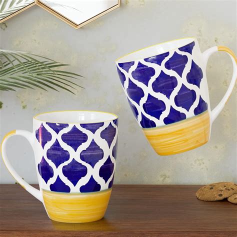 The Earth Store Moroccan Yellow Blue Coffee Mug Set of 2 Ceramic Tea ...