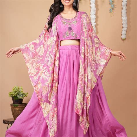 Pink Mist Indo-Western Set with attached Cape Shrug – Vastrinee