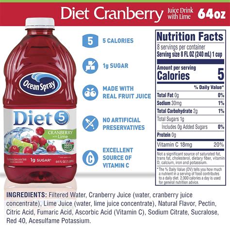 Ocean Spray Diet Cranberry with Lime Juice Drink, 64 Fl Oz Bottle ...