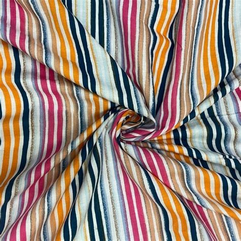 White MultiColour Stripes Cotton Linen Printed Fabric