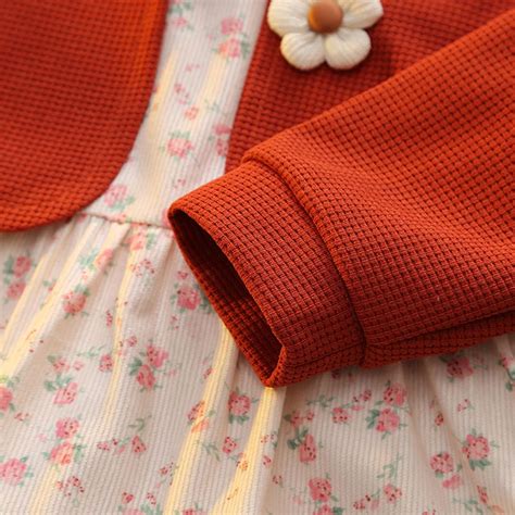 Girls Red Puff Sleeves Attached Jacket with Floral Print Tiered Dress ...