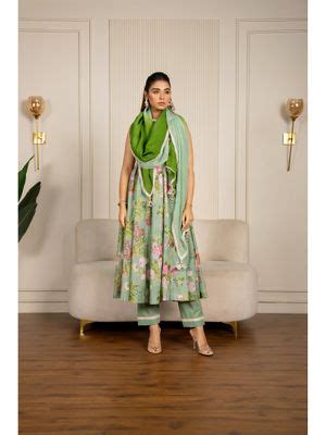 Buy Yuvrani Jaipur Pista Green Floral Printed Anarkali Kurta With Pant ...