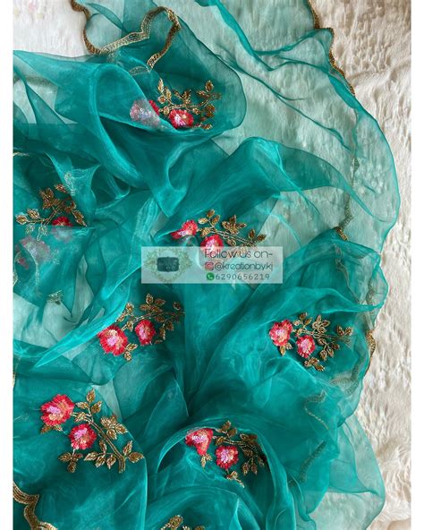 Teal Blue Glass Tissue Rose Dupatta – kreationbykj