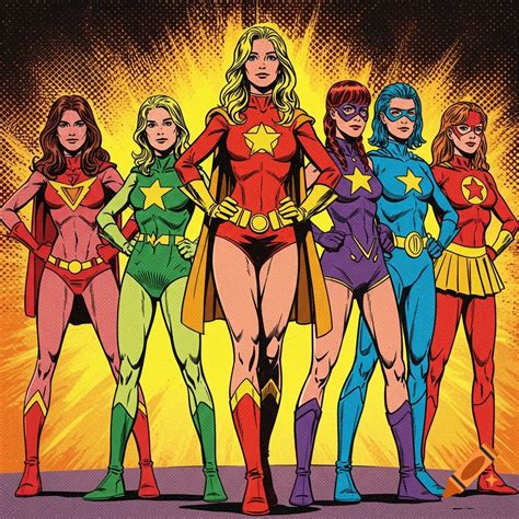 Five female superheroes in colorful costumes standing in a line ...