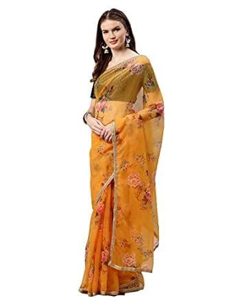 Buy Inddus Yellow Organza Saree With Blouse Piece at Amazon.in