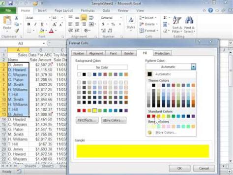 Apply a Pattern or Fill Effect to a Background Color - Excel 2010 - YouTube