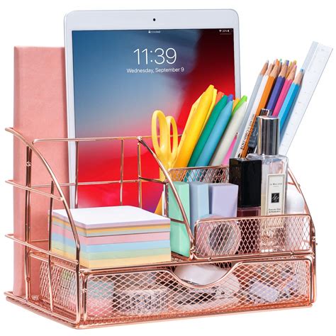 Buy ARCOBIS Rose Gold Desk Organizer with Drawer for Women, Office ...