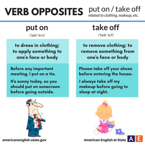 Verb Opposites: put on / take off | English language learning, English ...