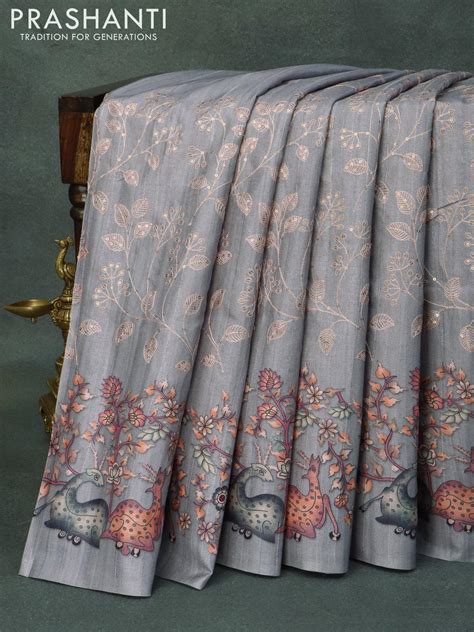 Semi tussar saree pastel grey with allover leaf & floral embroidery se ...
