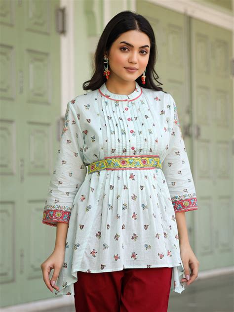Sky Blue Floral Printed Lacy Peplum Tunic with Tie-Up | Juniper Fashion