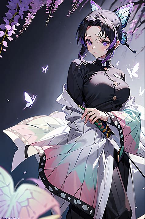 Kochou Shinobu, nude (black hair with purple tips) (nipples) - SeaArt AI