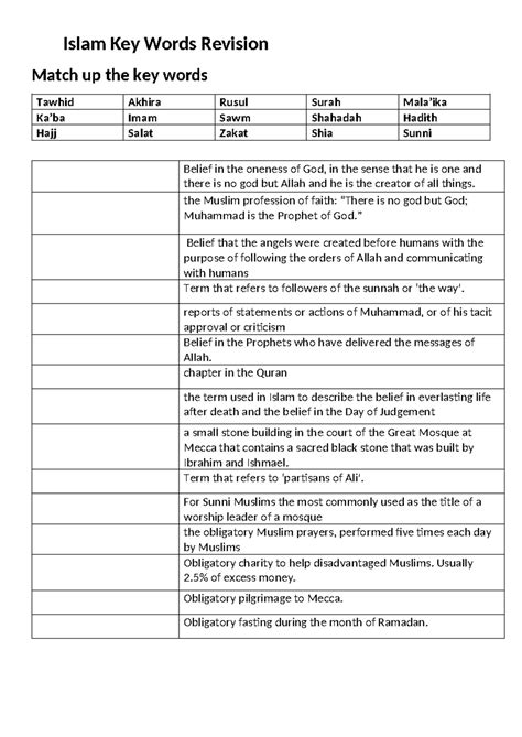 Islam Terminology - Isdlam Terms - Islam Key Words Revision Match up the key words Tawhid Akhira ...