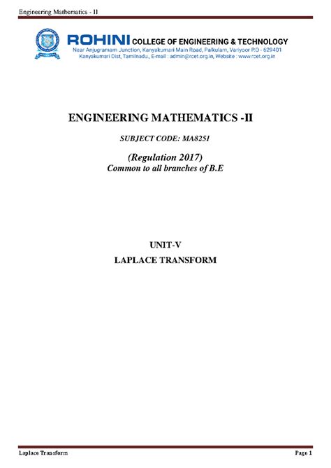 Unit -5 Laplace Transform - ENGINEERING MATHEMATICS - II SUBJECT CODE ...