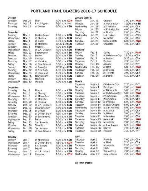 Portland Trail Blazers Schedule Printable