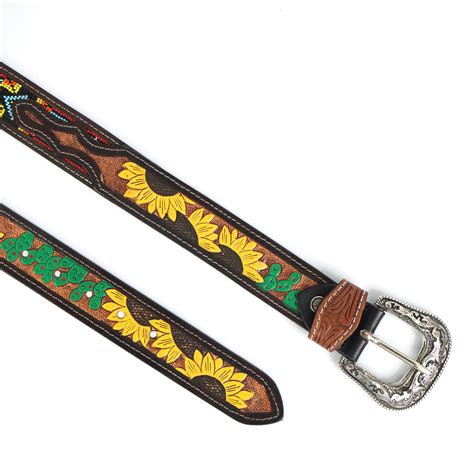 Handcrafted Beaded & Tooled Leather Belt – Sunflower & Tribal Pattern ...