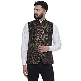 Veera Paridhaan Black Jacquard Printed Silk Nehru Jacket : Amazon.in ...