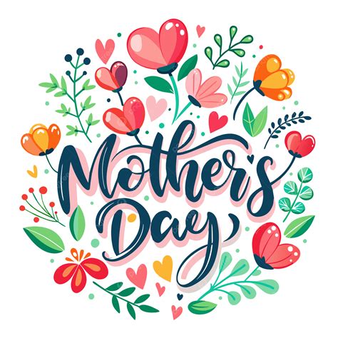 Happy Mothers Day Hand Lettering Celebration With Hearts Of Love And Flower, White Background ...