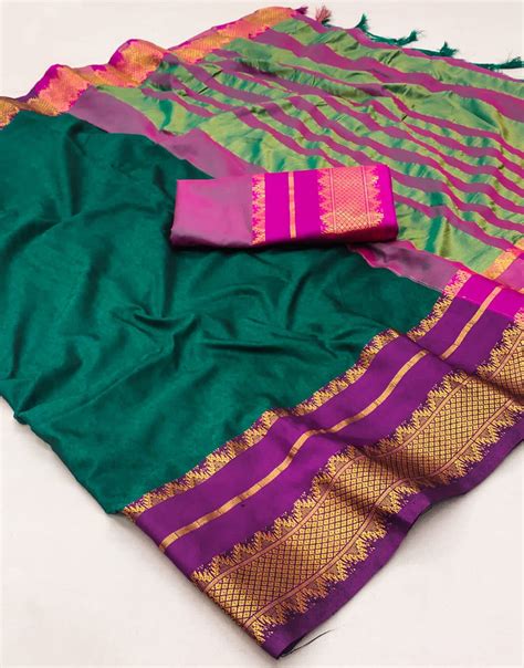 Dark Green Silk Saree With Zari Weaving Border – Sareewave
