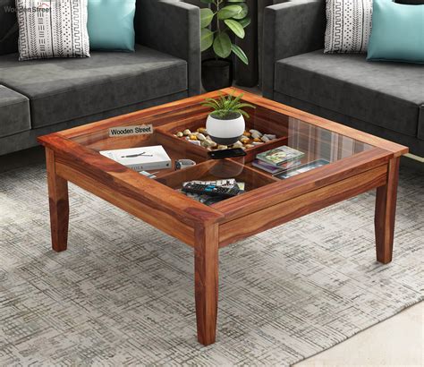 Buy Elevate Sheesham Wood Glass Top Coffee Table with Storage (Honey ...