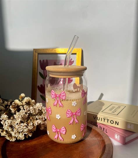 Glass Can Sipper with Lid and Glass Straw |540ml| Blossom Coquette Bow ...