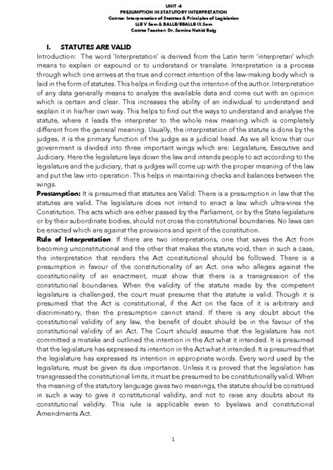 UNIT V: PRESUMPTION IN STATUTORY INTERPRETATION - LLB V Sem IX Sem ...