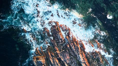 Wallpaper rock, sea, foam, aerial view hd, picture, image