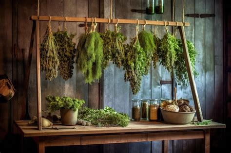 Hanging herbs on rustic wooden drying rack created with generative ai ...