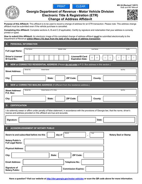GA DMV Form MV-34 Electronic Title & Registration (ETR) Change of ...