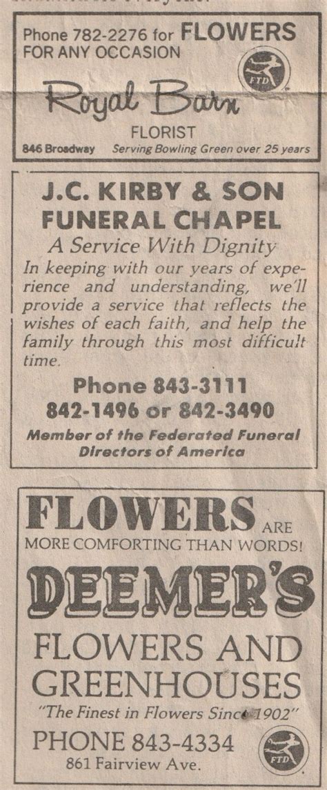 DEEMER'S FLORIST, ROYAL BARN FLORIST & JC KIRBY FUNERAL HOME AD BOWLING ...