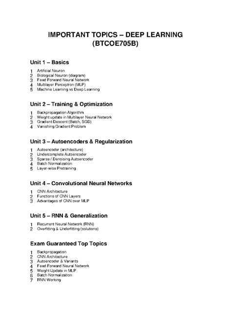 Deep Learning Important Topics (BTCOE705B) for Exam Preparation - Studocu