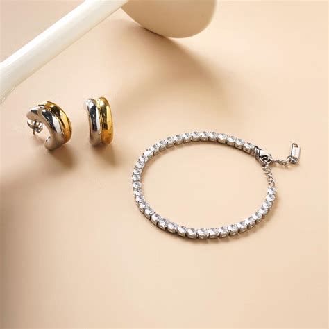 Golden Silver Chunky Hoop Earrings & Diamond Affair Bracelet Combo Set ...
