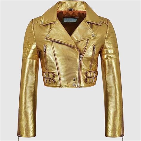 Women Gold Cropped Jacket Metallic Gold Biker Leather Jacket - Etsy