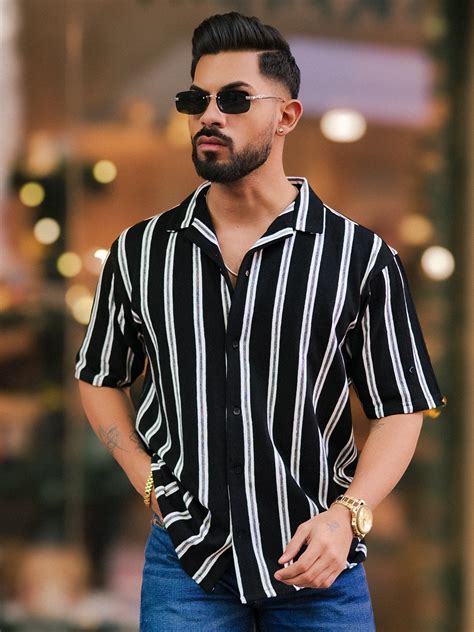 Terry Vertical Stripes Black Half Sleeve Shirt – ManiacLife.com