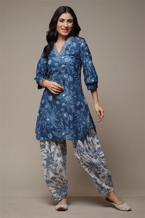 Indigo Cotton Straight Kurta Cross Yoke Salwar 2 Piece Set