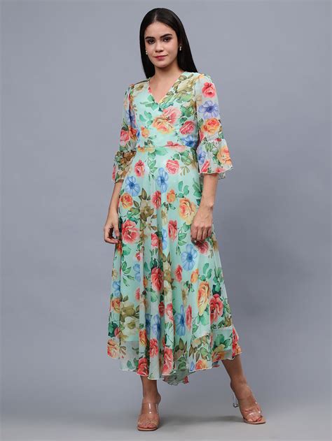 Frolic Rolic Multi-Color Floral Print V-Neck Chiffon 3/4 Sleeves Maxi ...