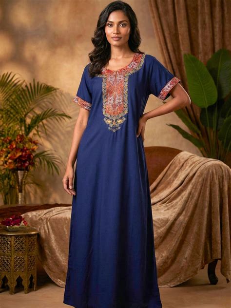 Buy Heritage Style Blue Alpine Embroidered Nighty For Women – 9shines label