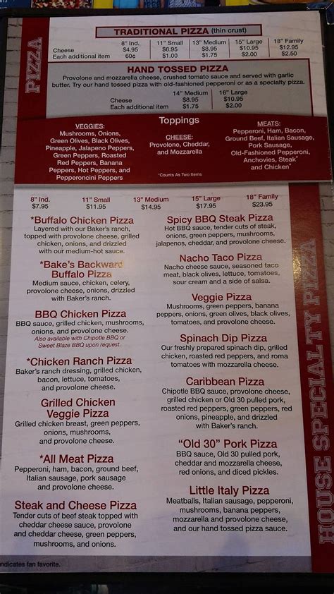 Menu at Baker's Pizza Sports Shack pub & bar, Bucyrus