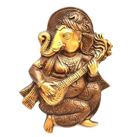 BRASS GANESHA WALL HANGING PLAYING SITAR ANTIQUE