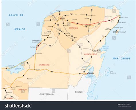 Yucatan Peninsula Road Map Stock Vector Illustration 375359272 : Shutterstock