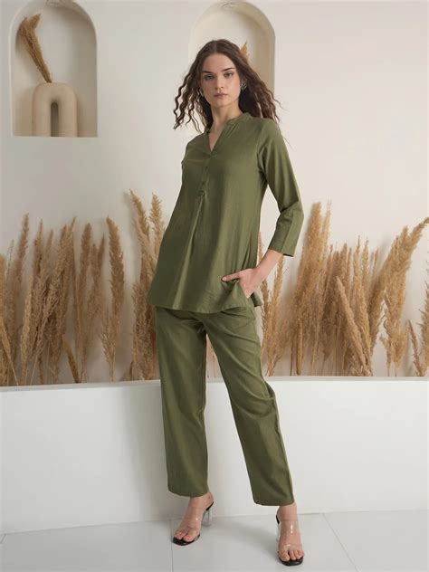 Olive V Neck Pure Cotton Solid Night Suit For Women