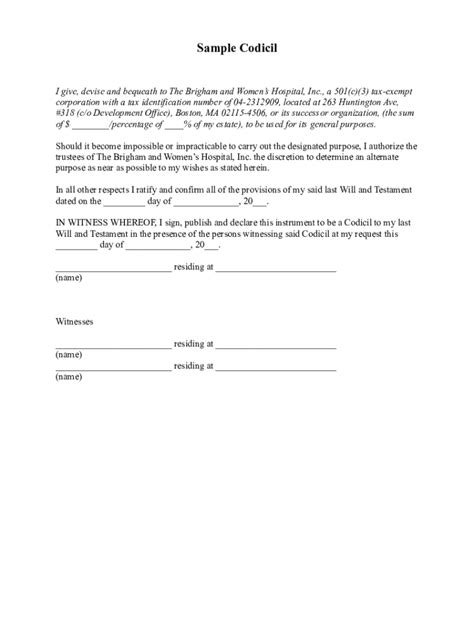 Fillable Online Sample Codicil for Estate Planning and Charitable ...