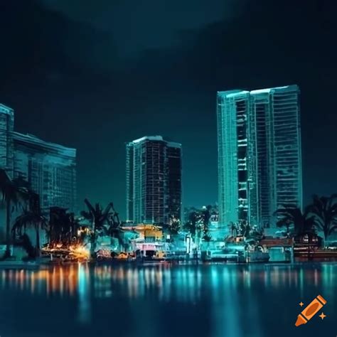 Night view of miami inspired by simon stalenhag on Craiyon