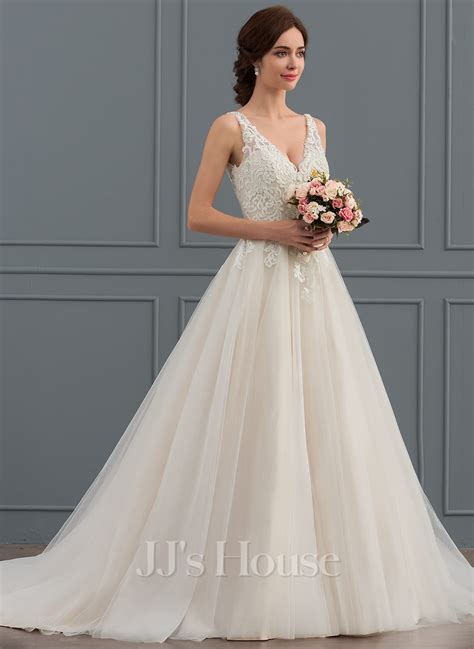 Ball-Gown/Princess V-neck Court Train Tulle Wedding Dress (002127247) - Wedding Dresses - JJ's House