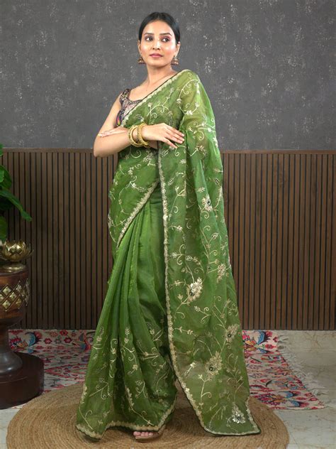 Buy Gota Olive Embroidered Saree | Festive Wear Online