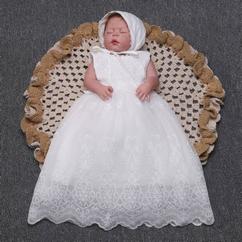 Baby Girls Christening Dress Gown with Bonnet Embroidery Crochet Lace ...